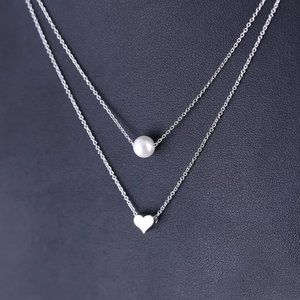 925 Sterling Silver Double Layer Pearl Heart Necklace
